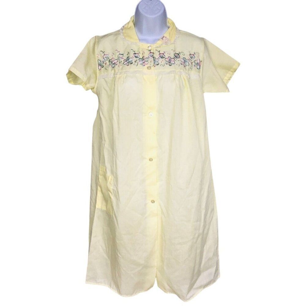 Vintage 70s Philmaid Womens Housecoat S Yellow Embroidered Flowers Short Sleeve
